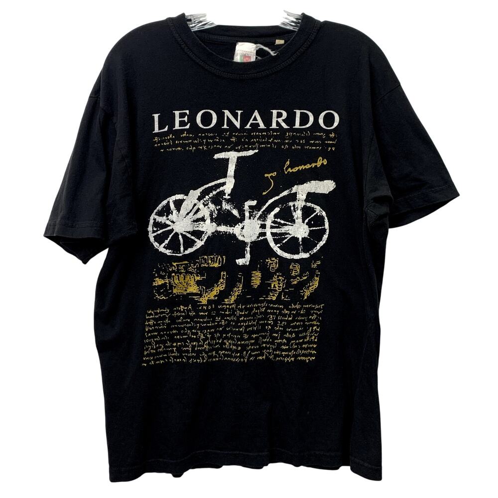 VTG Leonardo Da Vinci Large Vitruvian Man Bicycle Sketch 90s Art Tee Shirt USA